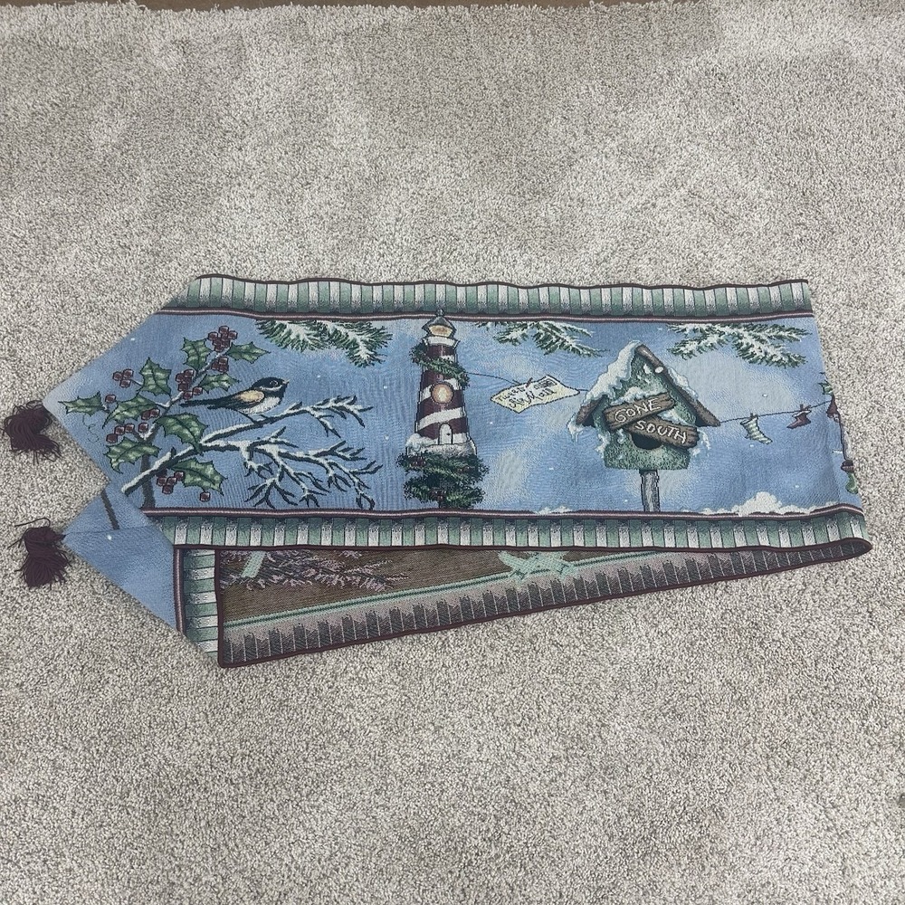 Tapestry Table Runner Holiday Bird House Cardinal Lighthouse Tassels 70" x 12.5"